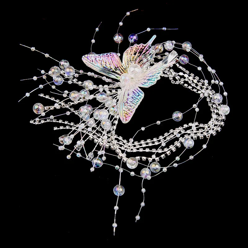 European and American rhinestone handcrafted crown with butterfly fringes and pearl-tipped hairband for wedding hair accessory,