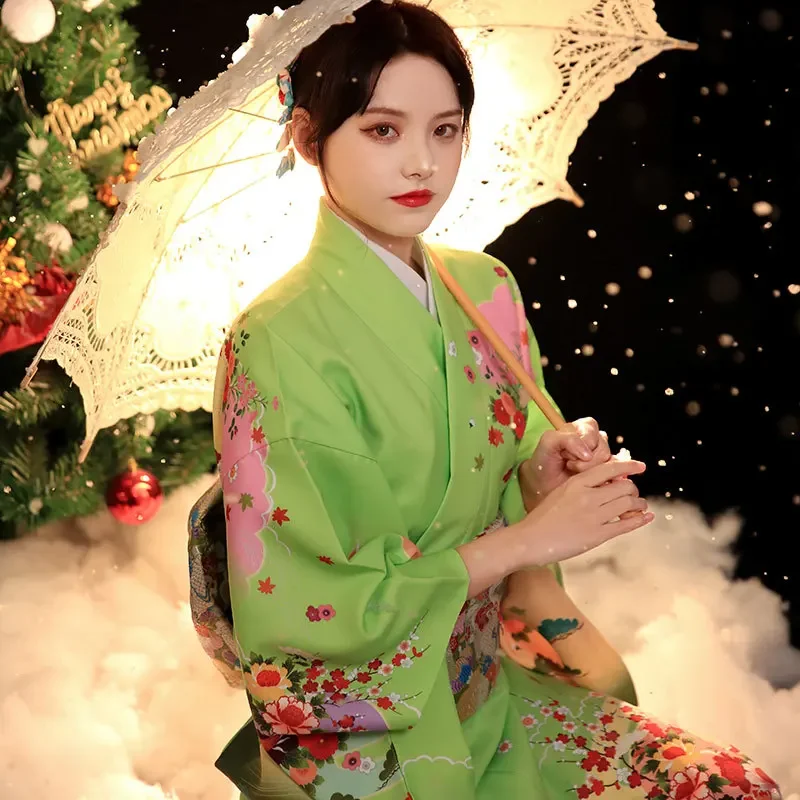 

Japanese Traditional Kimono with Obi 9PCS Women Robe Spring New Green Print Kimono Girl Take Photo Dress Geisha Cosplay Costume