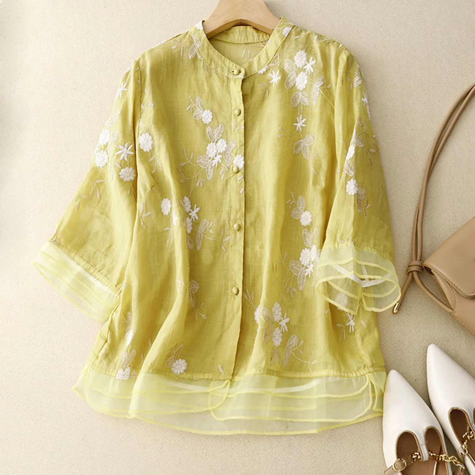 Women\'S Cotton Linen Floral Shirts Summer 2024 New Embroidery Chinese Style Blouses Loose Blouse Top Half Sleeve Clothing