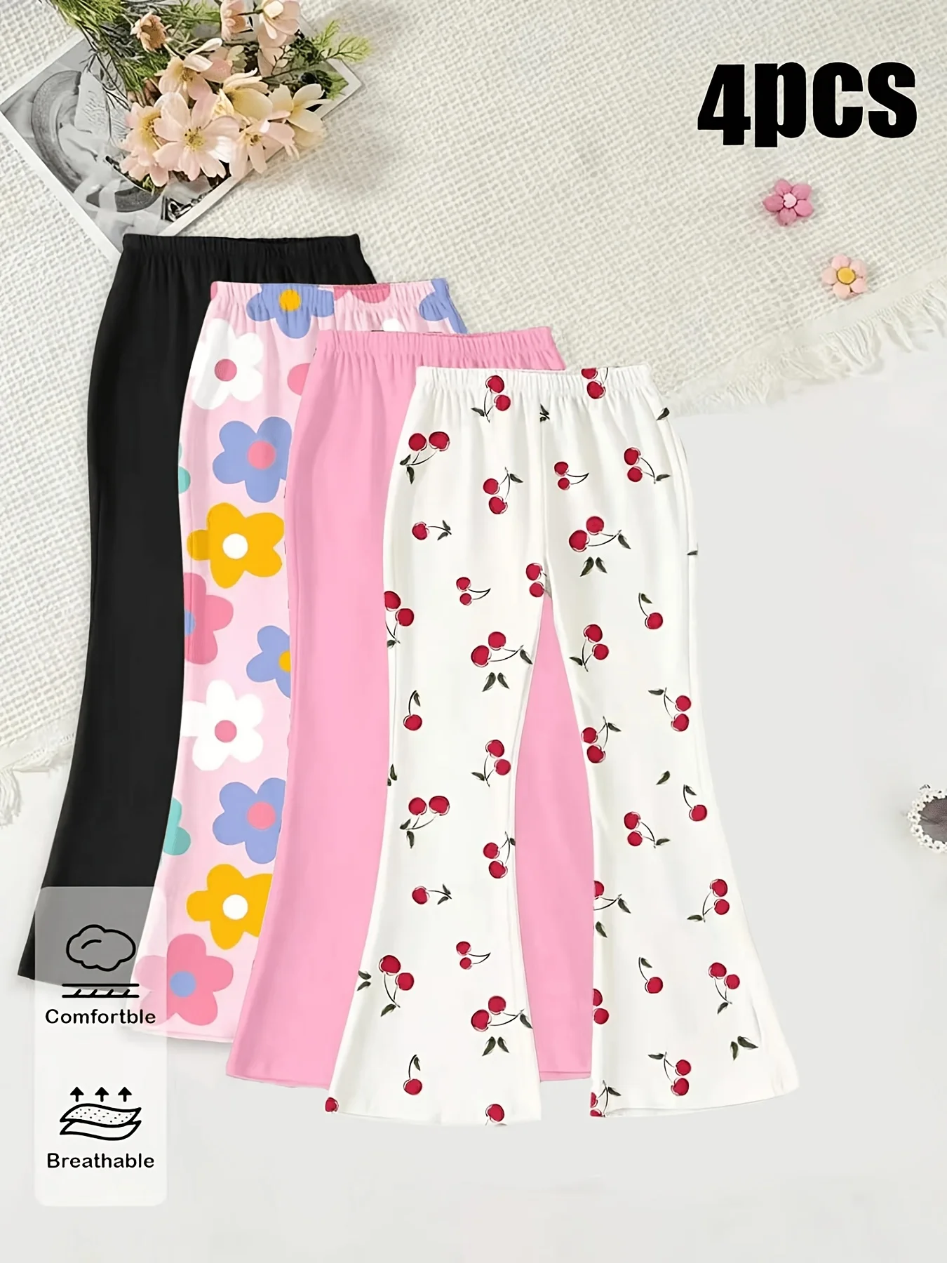 4er-Pack bedruckte Schlaghosen für Mädchen – Leopardenmuster / Herzen / Blumenmuster – Freizeithosen mit hoher Taille und elastischem Bund – Detail 5
