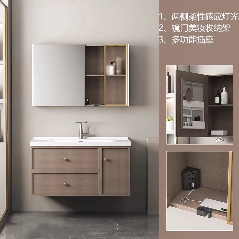 New Chinese bathroom combination cabinet ceramic integrated basin walnut wash basin feng shui mirror