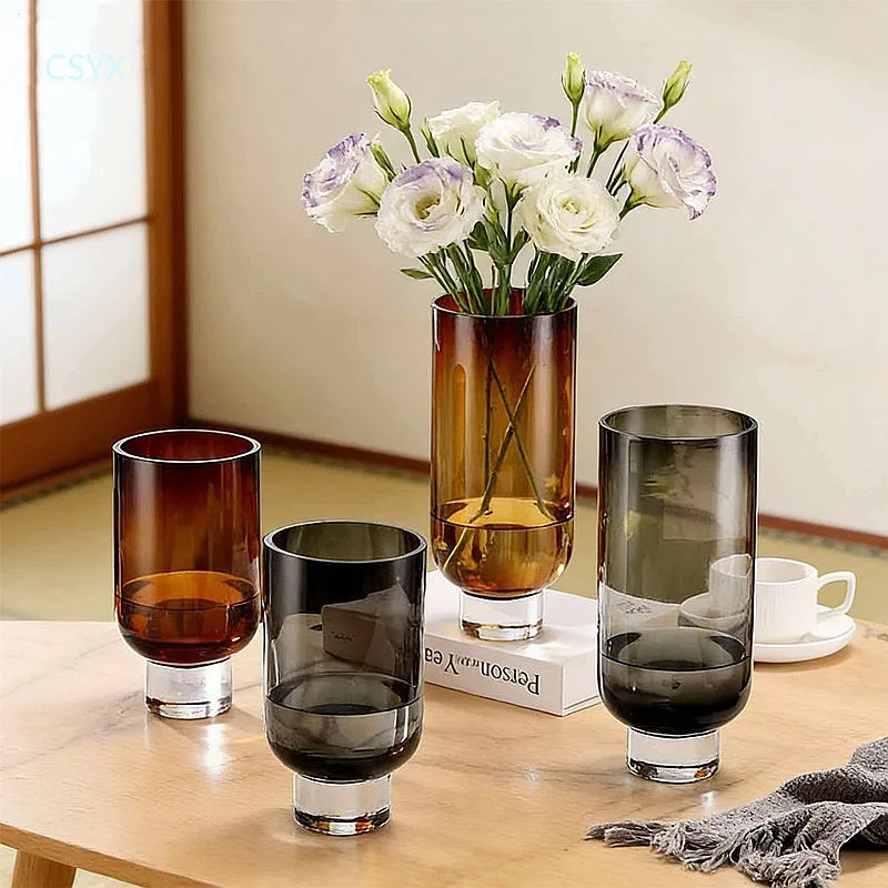 Modern Minimalist Gray Caramel Glass Flower Vase Decoration for Showroom Sales Office
