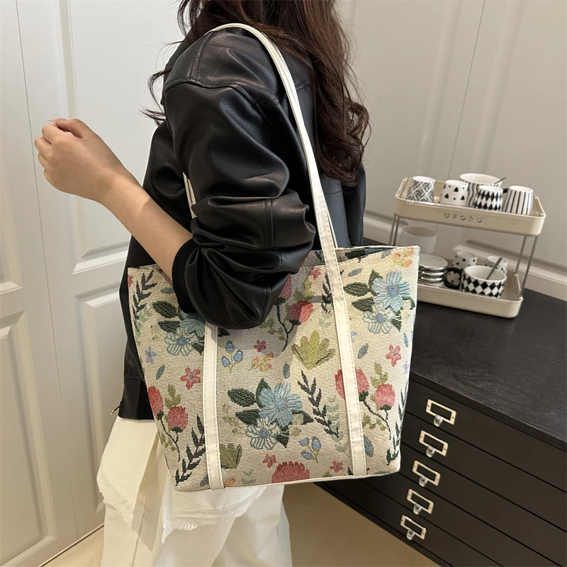 

Jacquard Cloth Tote Bag for Women Fashion Casual Large Capacity Shoulder Bags French Vacation Style Floral Pattern Handbags
