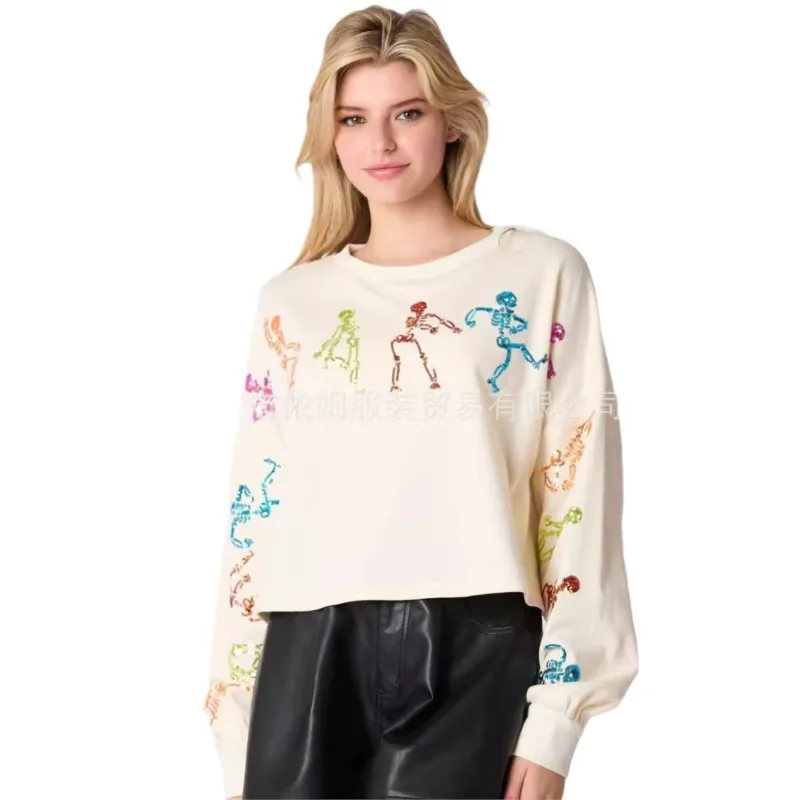 Glitter Patchwork Printed Hoodies Autumn Winter Vintage Tshirt Harajuku Loose Long Sleeve Streetwear Women Clothes Halloween Top