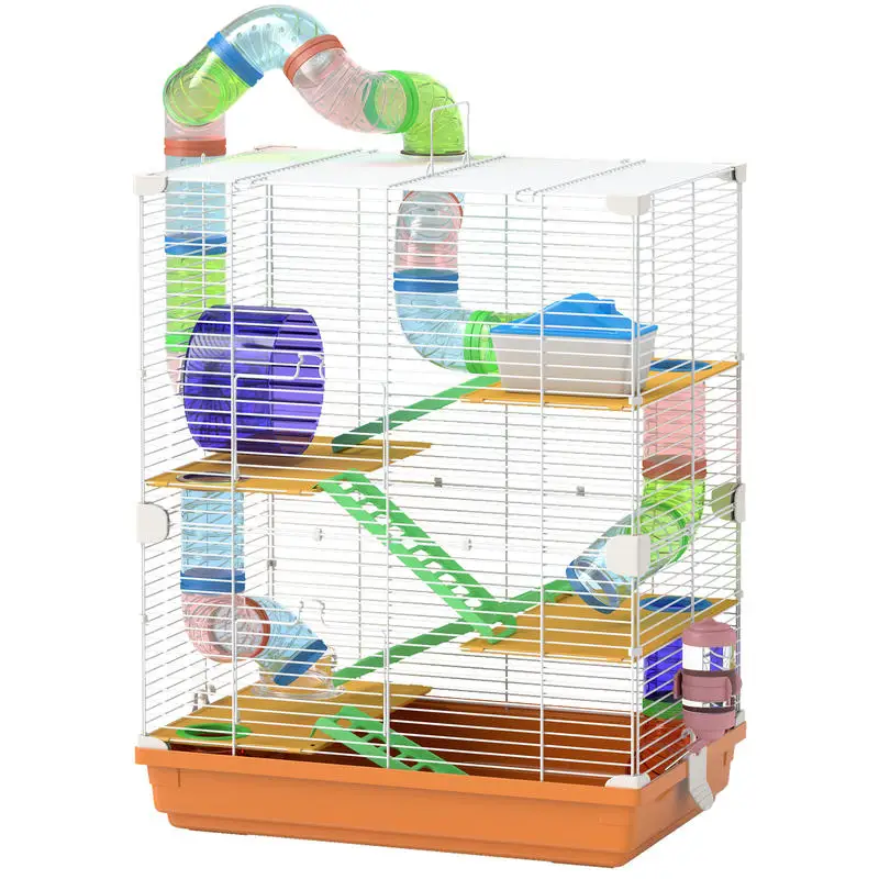 PawHut Cage for Hamsters and Rodents, 4 Levels with Tunnels, Food Bowl, Exercise Wheel, House, Ladders, 46 x 30 x 58 cm, Orange