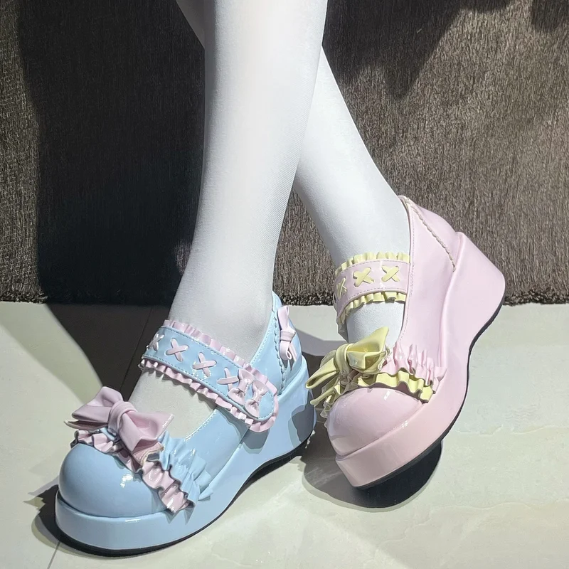 Sweet Lolita Platform Mary Jane Shoes Women Ruffle Bow X Stitch Decor Round Toe Wedge Heel Patent Leather Shoes