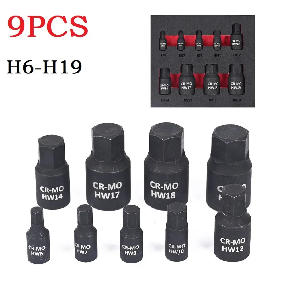 9pcs Hexagon Screwdriver Socket H6 H7/H8/H10/H12 H14 H17 H18 H19 Hex Bit Nuts Driver Socket 1/4inch 3/8inch 1/2inch Hex Shank