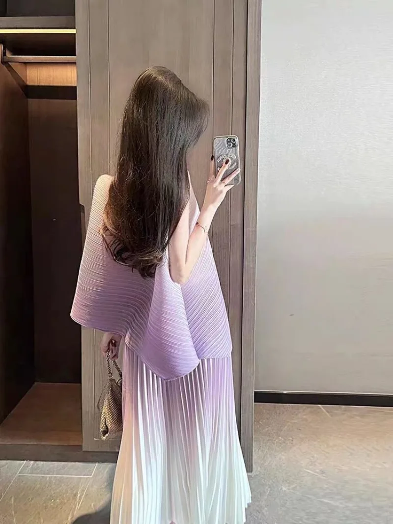 Purple Lifetime Small Fragrance Set Skirt for Women Summer 2023 New Pleated O Neck Sleeveless Shirt Two Piece Set Of Female Tops