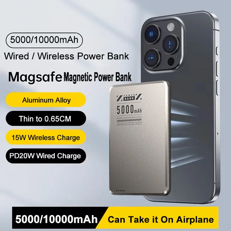 

Тонкий магнитный внешний аккумулятор емкостью 10000 мАч, мини-беспроводное портативное зарядное устройство с быстрой зарядкой для iPhone 16, 15, 14, внешний аккумулятор 5000 мАч