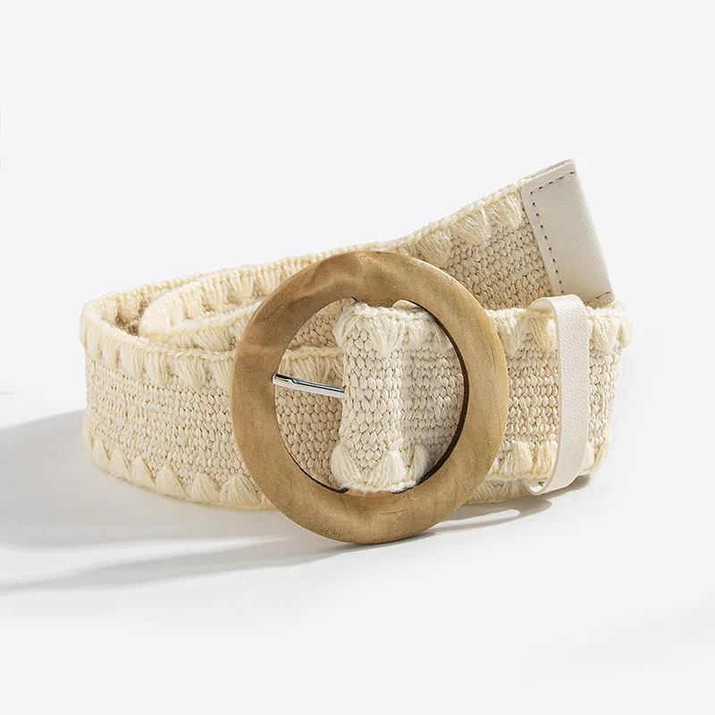 ohemian Waist Belt for Women – Straw-Woven & Knit Decorative Round Wooden Buckle Elastic Belt, Natural Vacation Style