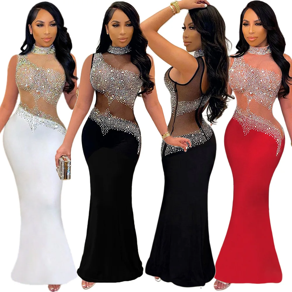 

Rhinestone Mesh One Shoulder Jumpsuit High Waist Knitted Dress Sweet And Spicy Style Summer Collection Ladies' Basic Model