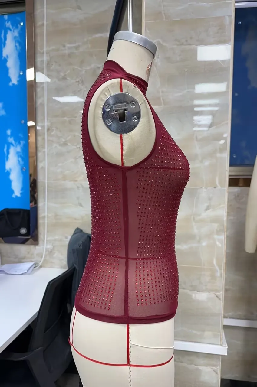 Women Mesh Tank Tops Turtle Neck Sleeveless Rhinestone Decor Slim Fit Summer Vest Shirts