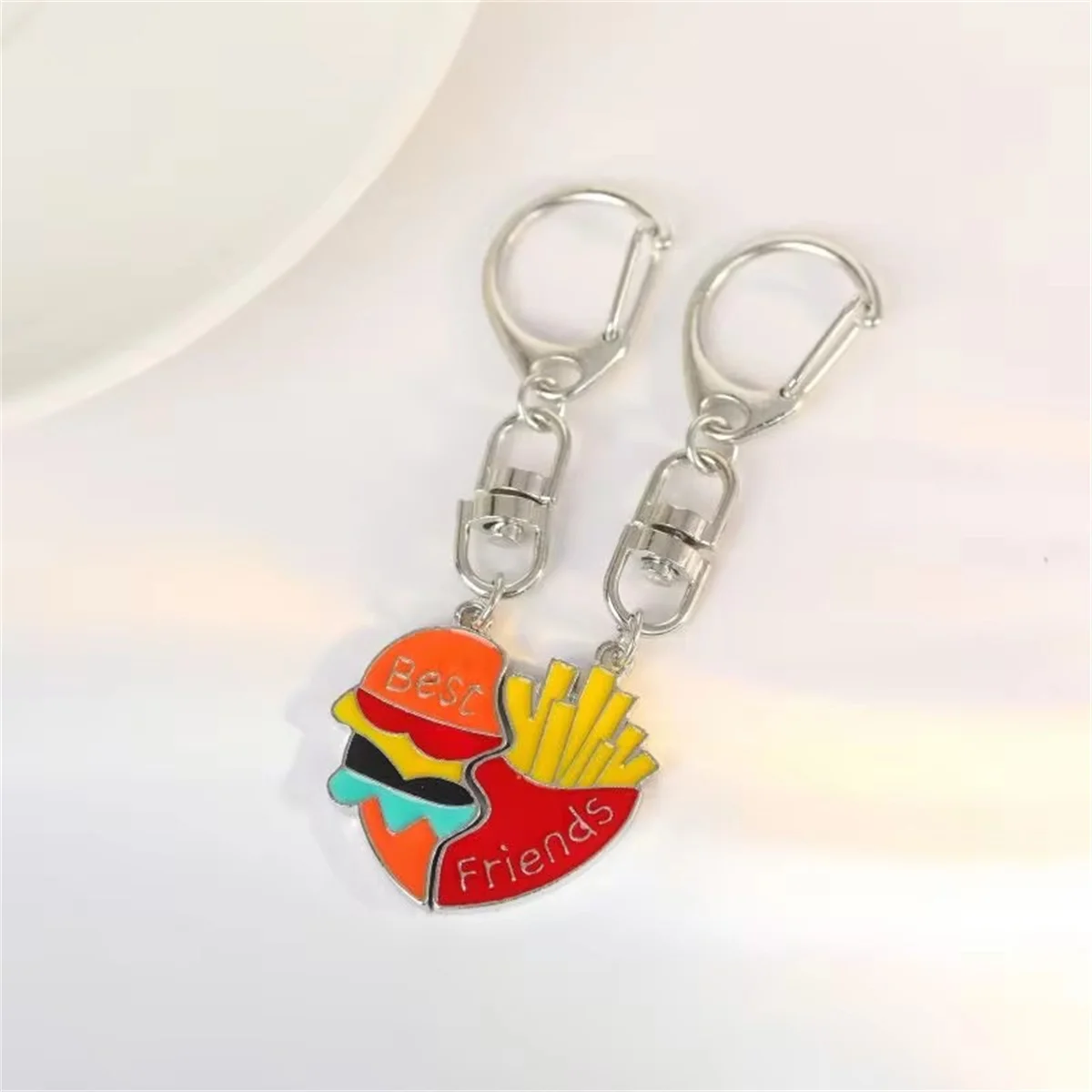 2Pcs Cartoon Burger Fry Keychain Creative Cute Heart Pendant Trendy Versatile Jewelry Birthday Party Best Friend Couple Gift