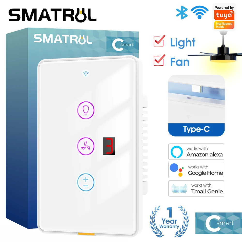 SMATRUL Tuya Smart Home Wireless Wifi Fan Light US Switch Wall Touch With Screen Display Backlight TypeC Timing Voice App