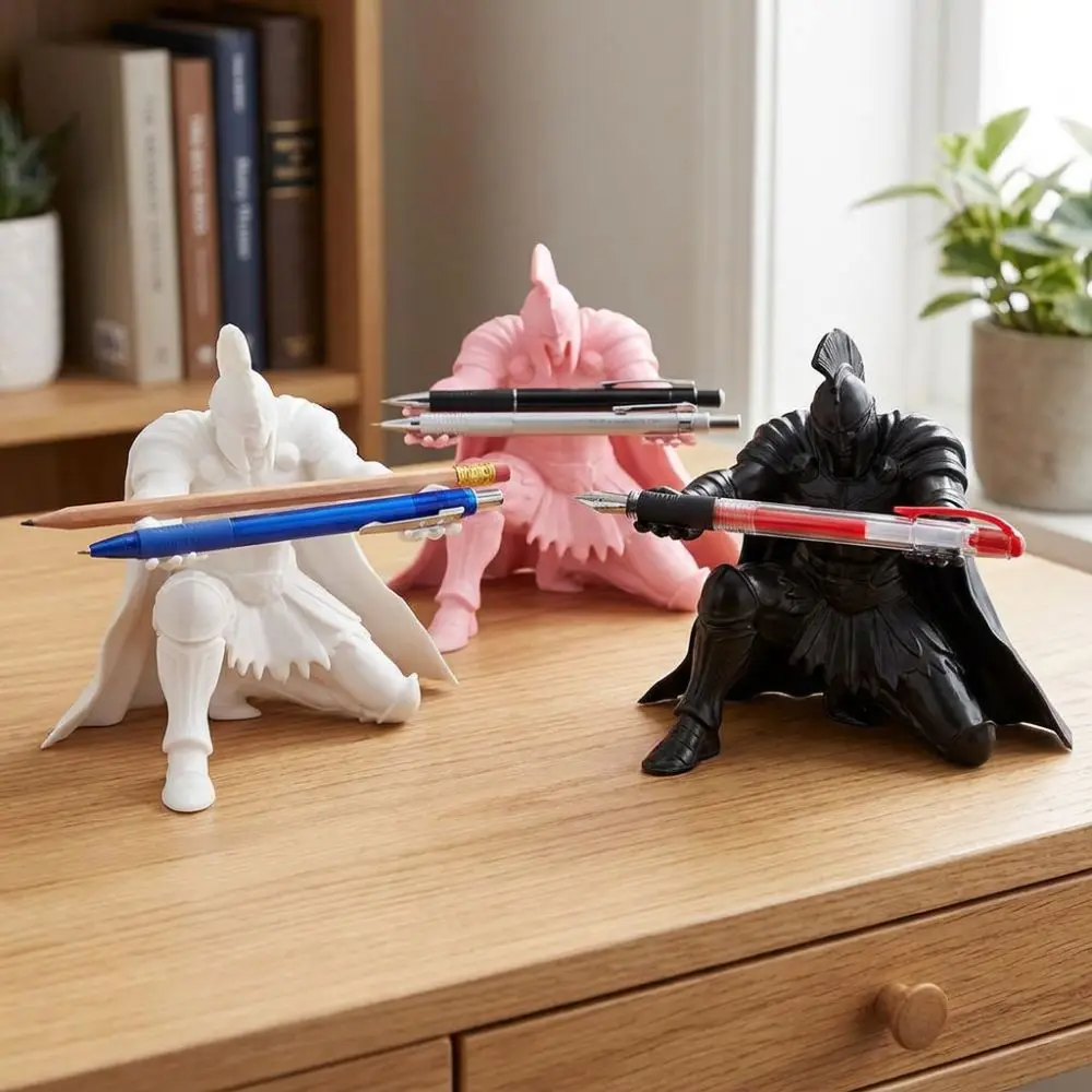 Unique 3D Printed Warrior Pen Holder Plastic Vintage Kneeling Knight Pen Rack Waterproof Desktop Stationery Storage Home Office
