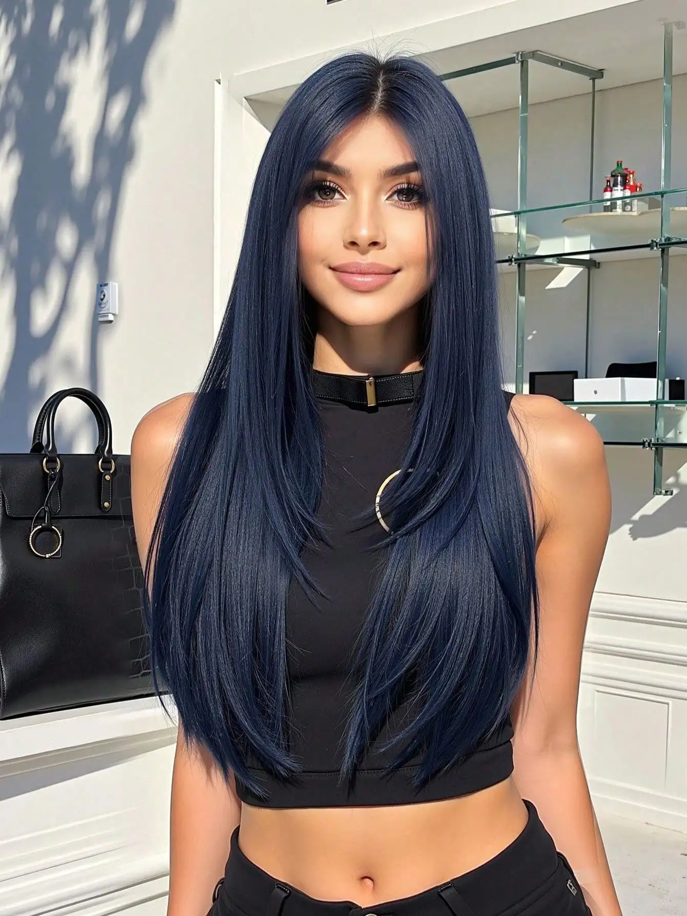 Dark Blue Wigs for Women Long Straight Hair Wig with Center Part Natural Wavy Synthetic Wig Heat Resistant Hair for Daily Party