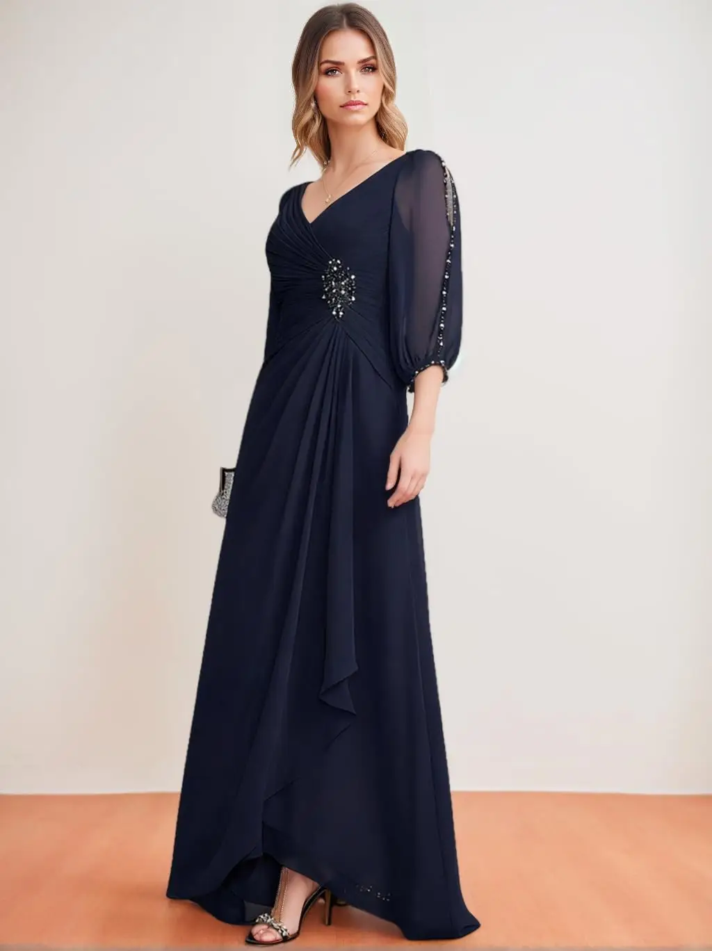 Gaun Ibu Pengantin Wanita Model A-Line Bahan Sifon, Gaun Ibu Pengantin Pria Model V-Neck Berpayet, Gaun Tamu Pernikahan