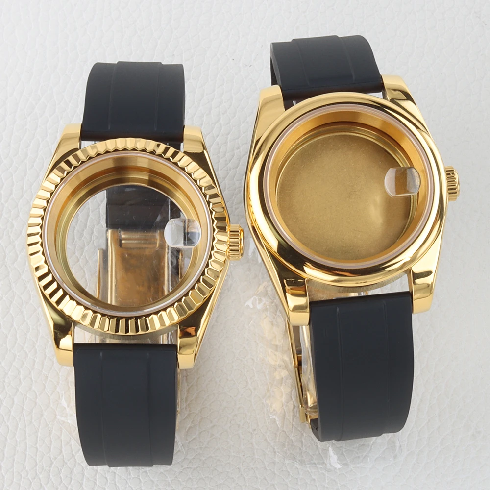 36mm/39mm Gold PVD NH35 Watch Case Rubber Strap Sapphire Glass For DATEJUST NH35 NH36 Movement 28.5mm Dial Stainless Steel Case