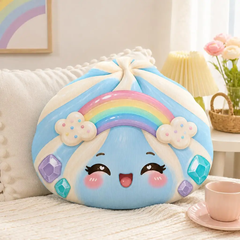 Kawaii Rainbow Bao Bun Plush Pillow Cute Blue Dumpling Shaped Stuffed Cushion Throw Pillow for Bedroom Sofa Home Decor Gift