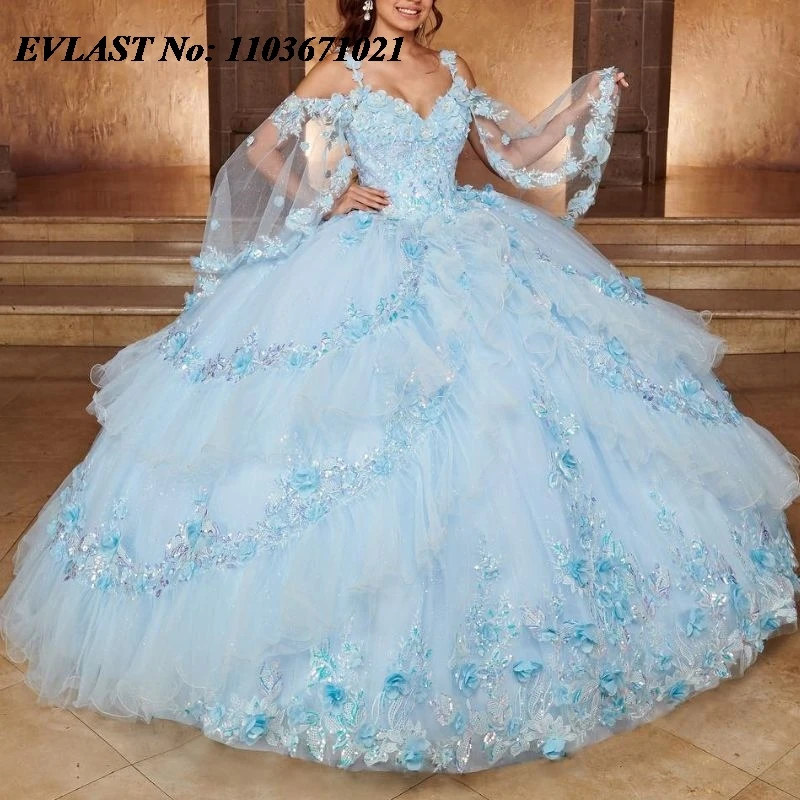 EVLAST Customized Blue Quinceanera Dress Ball Gown 3D Floral Applique Beading Tiered With Cape Sweet 16 Vestidos De 15 Anos SQ59