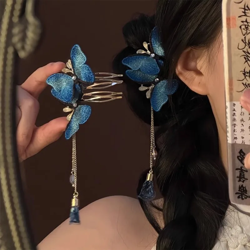 

Blue Butterfly Hairpins Female Disc Hair Artifact U-shaped Fixed FiveToothed Insert Combs Hairpin Ancient Style Flower Headpiece