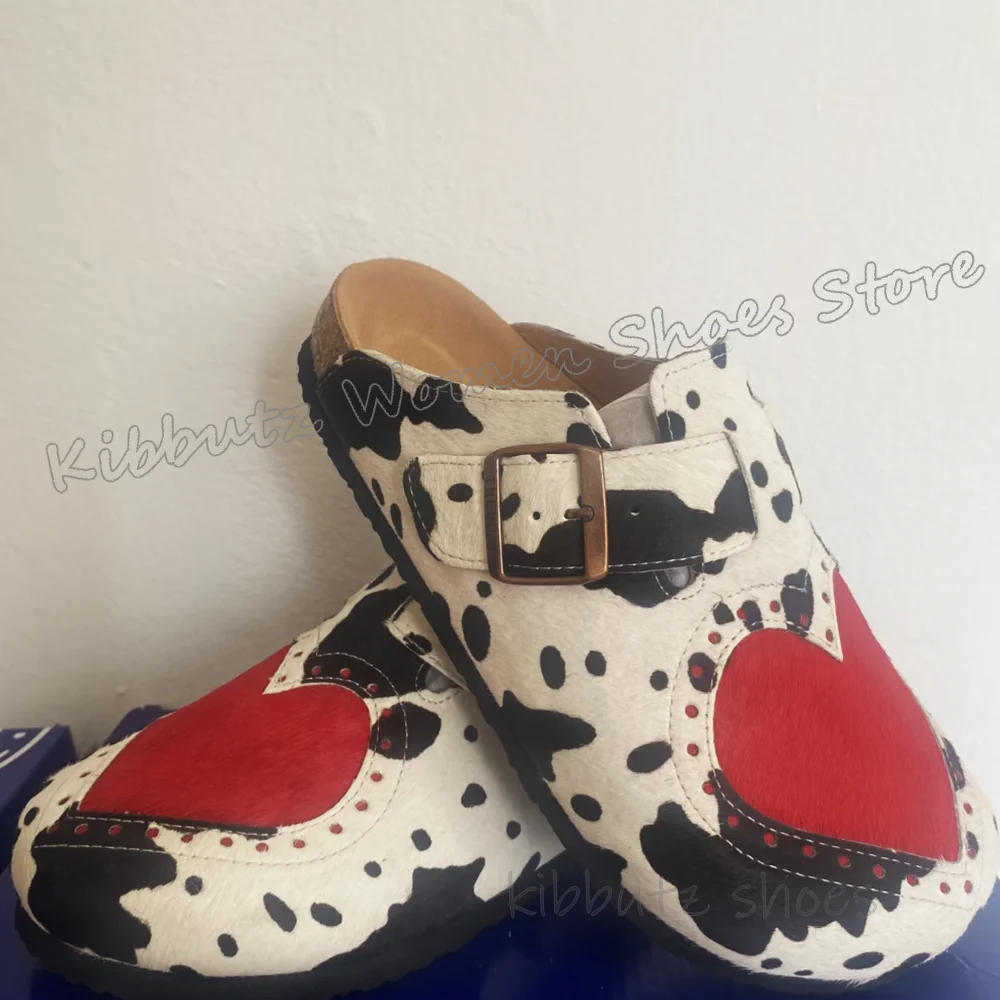 

Heart Slipper Cow Print Mixed Color Slip-On Belt Buckle Round Toe Flat with Fashion Novelty Concise Outdoor Women Shoes Newest