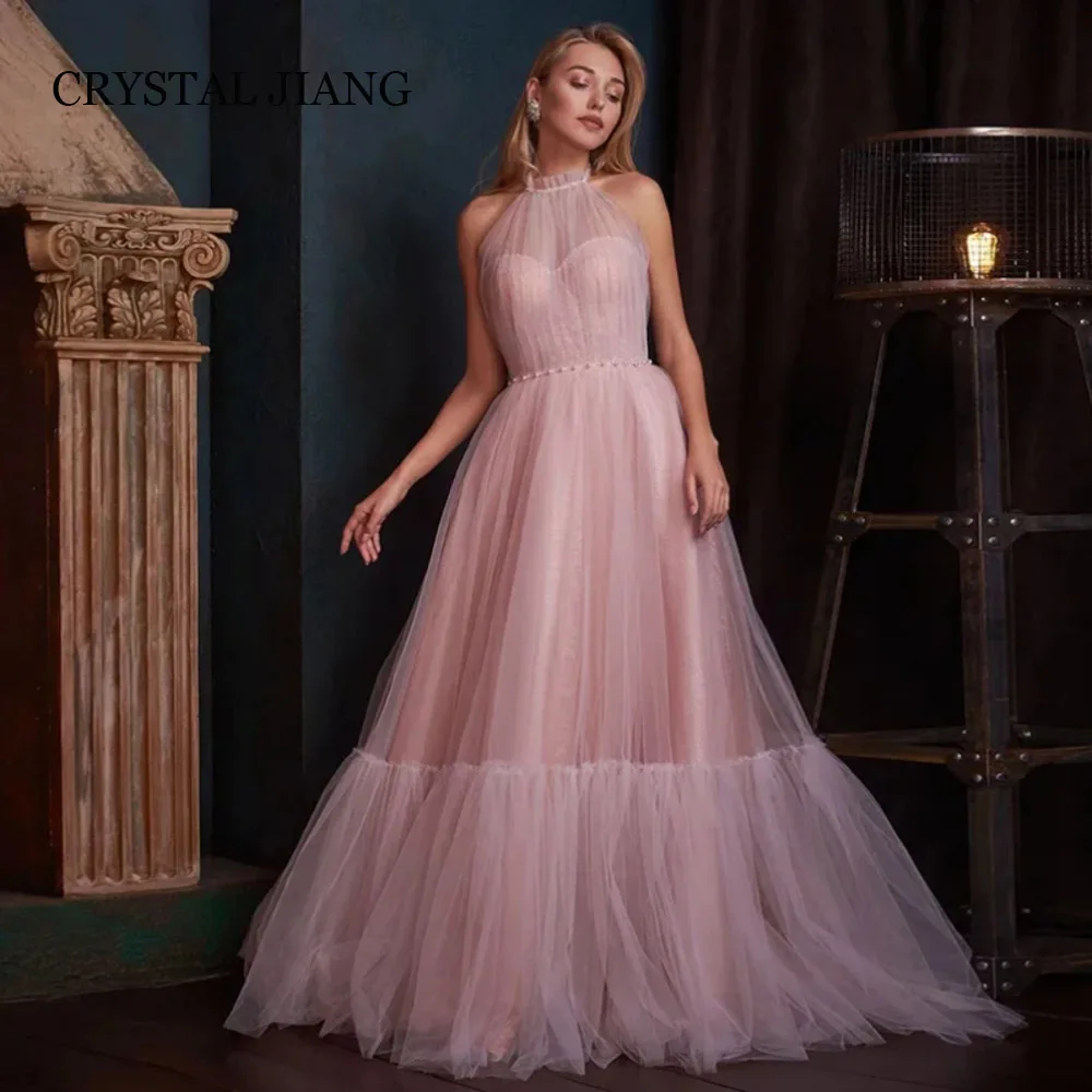 

Elegant Long Pink Halter Neck Shiny Tulle Prom Dresses Sleeveless A Line Floor Length فساتين سهره فخمة 2024