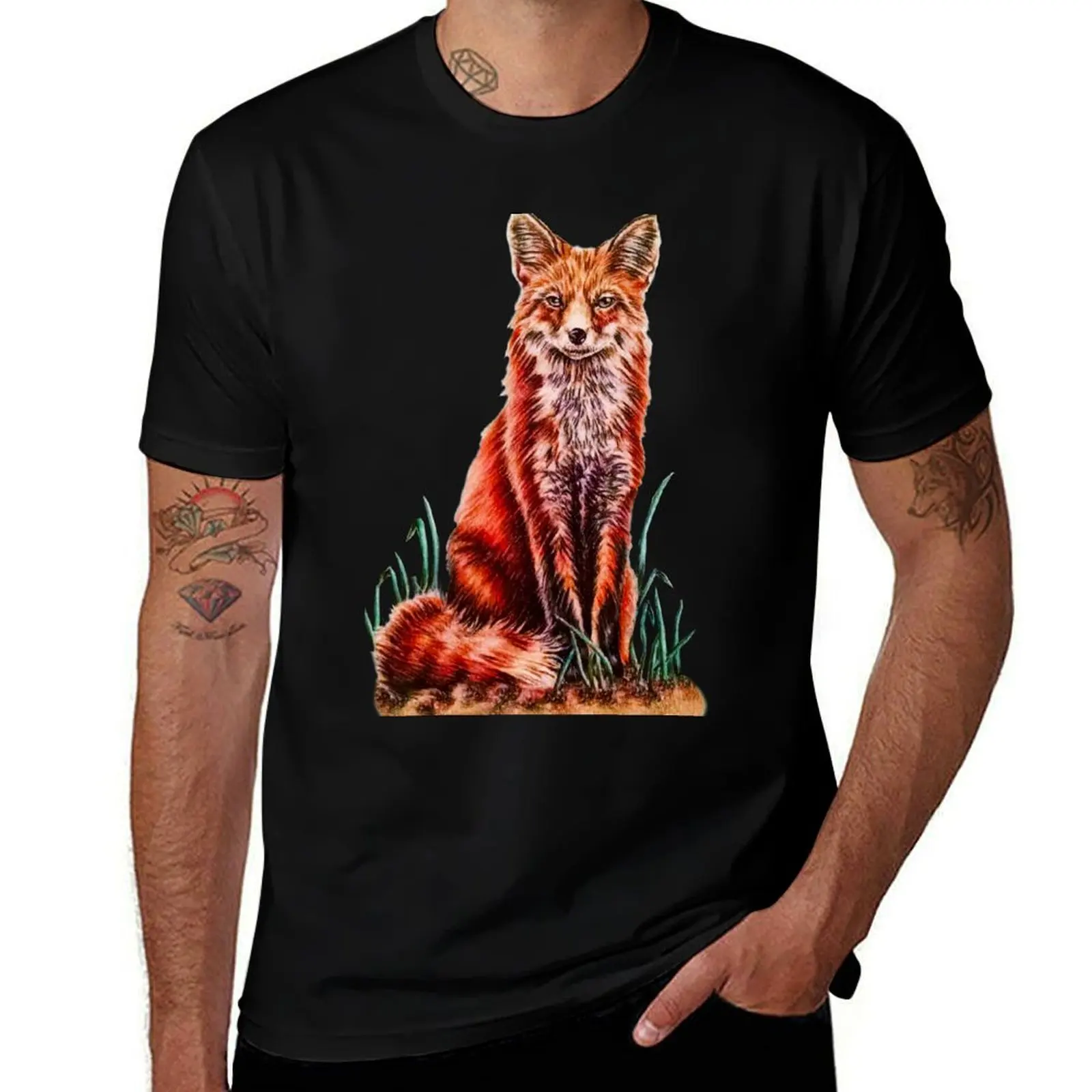 

Red Fox Woodland Animal Drawing on Grass T-Shirt t shirts cotton 100% t shirt man casual T-Shirt