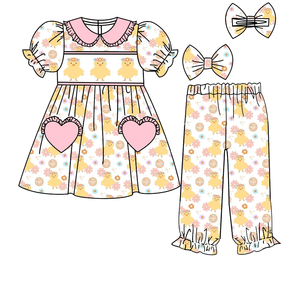 New Design Girls Clothes Short Sleeve Cartoon Duck Print Tops Trousers  Pajamas Set Wholesale
