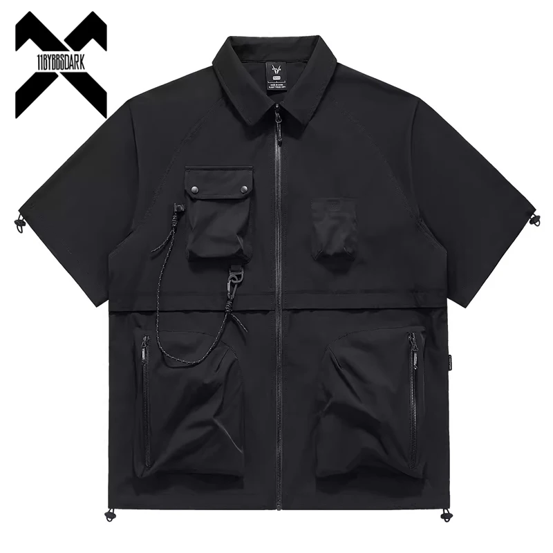 Men Tactical Shirts 2024 Summer Short Sleeve Functional Shirt Coat Loose Harajuku Tops Black Techwear