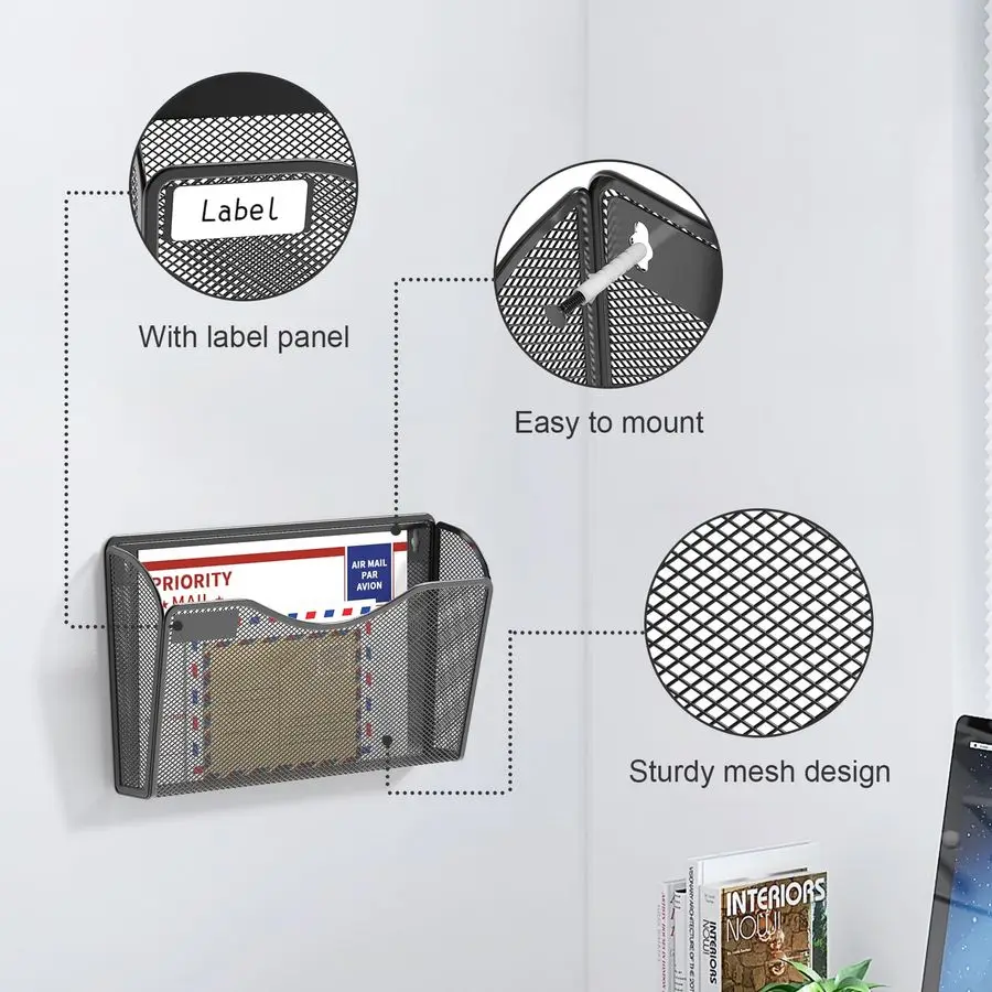 6 Pack Mesh Wall Mounted File Holder Metal Wall File Pocket Mail Organizer for Office Homewith Label Panel