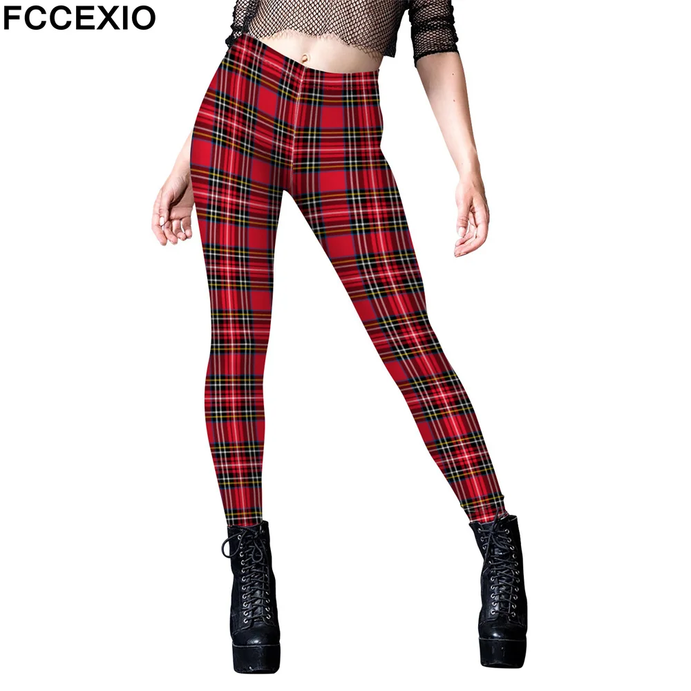 

FCCEXIO Happy Christmas Red Striped Plaid Print Women Leggings Sexy Elasticity Sports Leggins Fitness Workout Xmas Leggings New