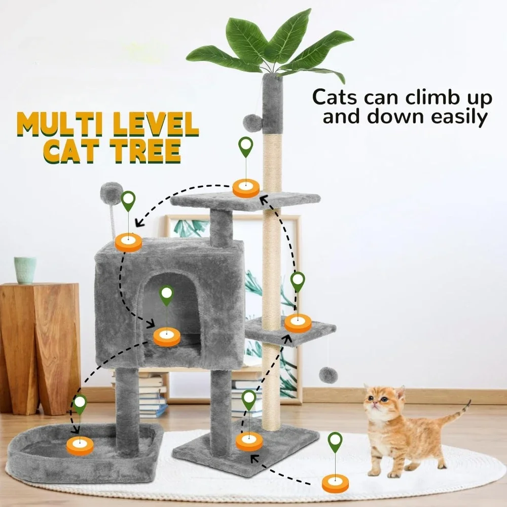 Imagem -04 - Indoor Cat Tree Tower com Folhas Verdes Multi-nível Cozy Plush Condo Cat House 52