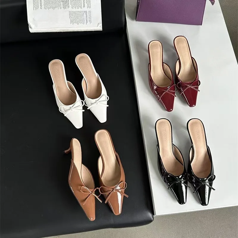 

Low Heel Slip-On Shoes 2024 New Fairy Style Knot Square Head Sandals Simple Thick Heel Winter Rubber Bottom Women's...
