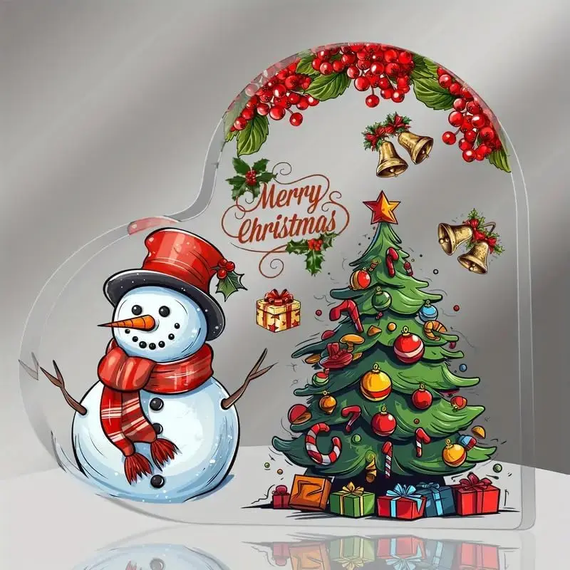 Heart Shaped Acrylic Gift Ornaments Merry Christmas Transparent Desktop Decoration，Snowman Christmas Ornament