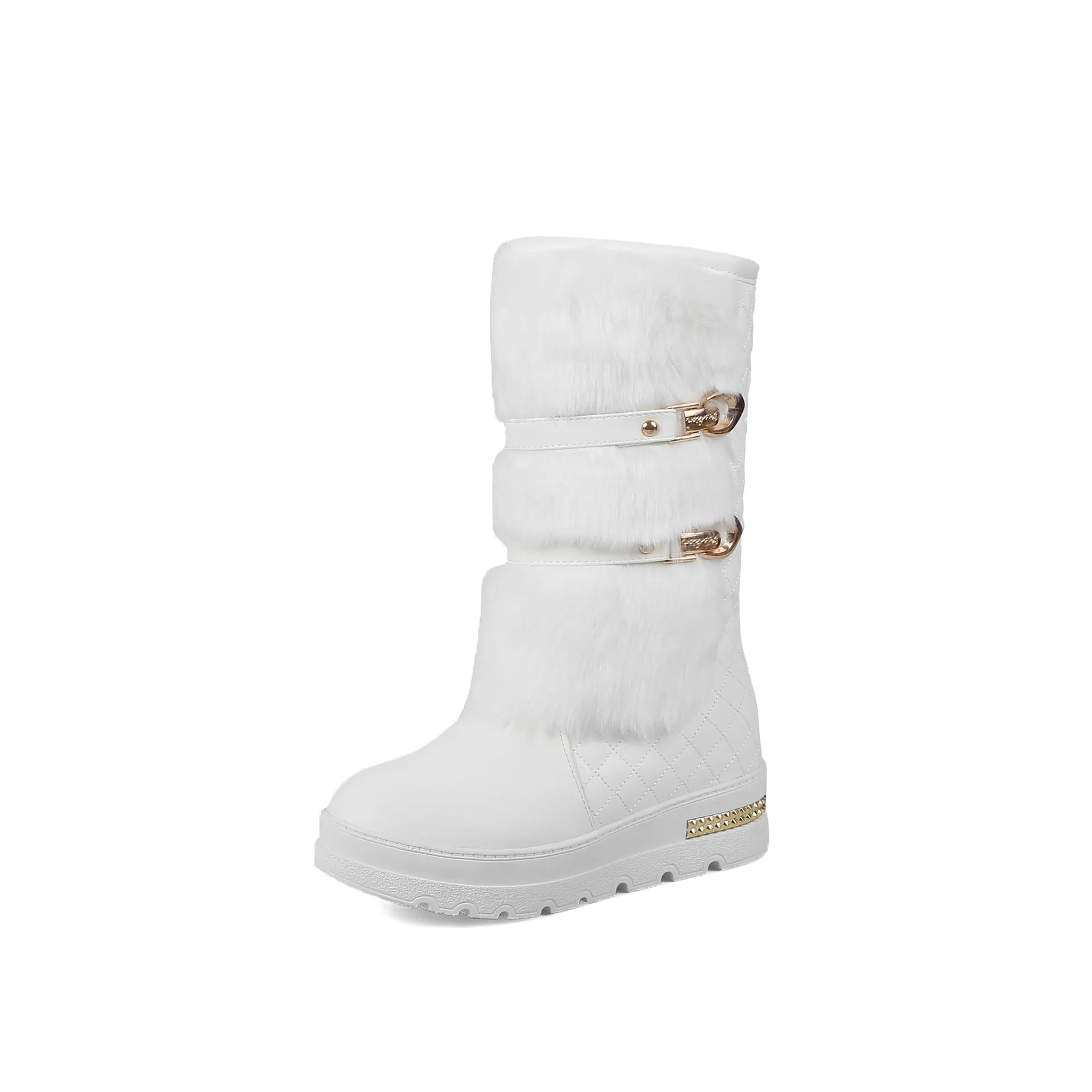 Botas de nieve con decoración de Metal para mujer, zapatos de felpa de talla grande, cálidos, a media pantorrilla, aumento de altura, Invierno