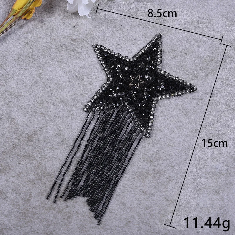 Luxury Crystal Rhinestone Five-pointed Star Tassel Patches for Clothing Iron on Clothes Appliques Iron-on Pentagram Stickers DIY