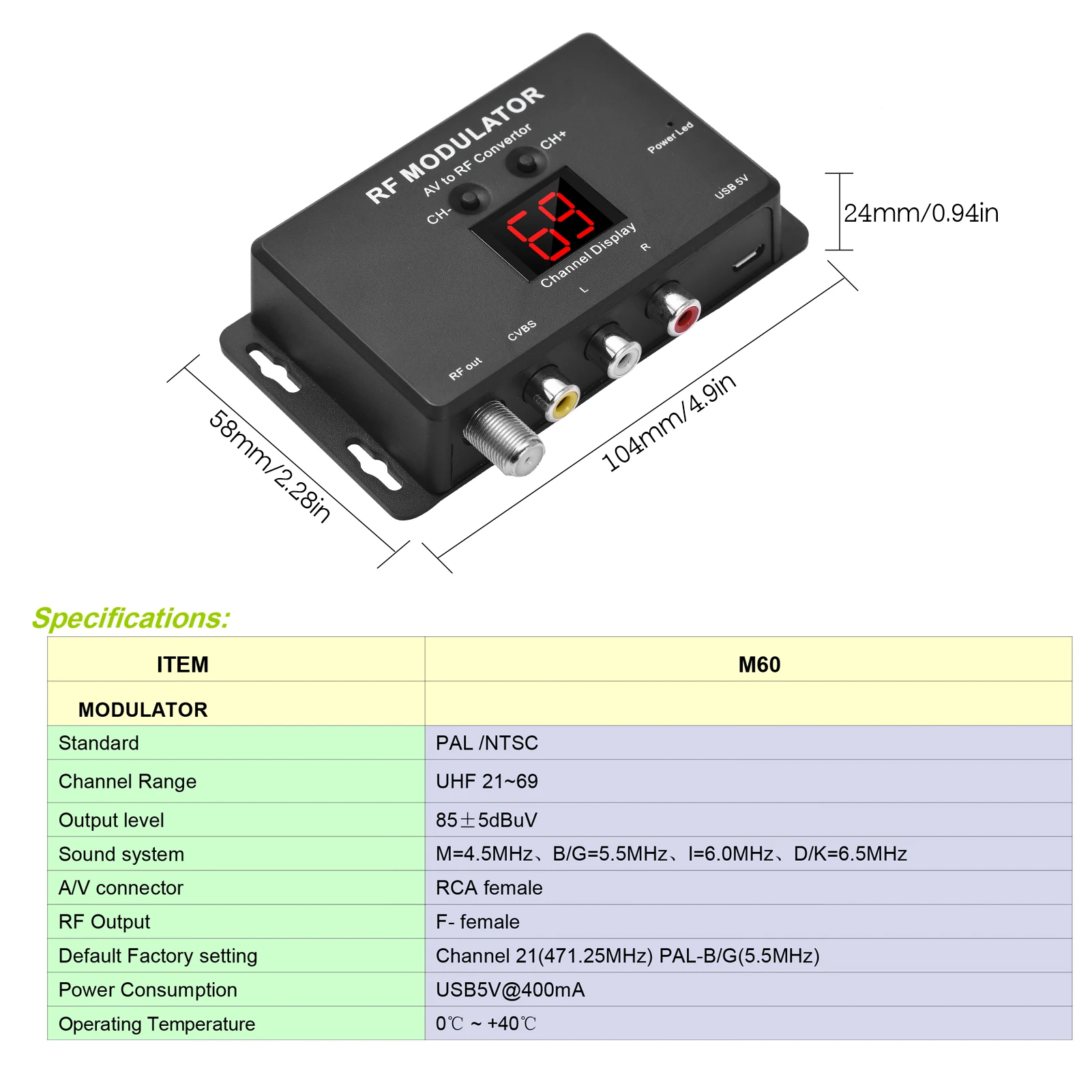 M60 RF Modulator AV to RF Converter