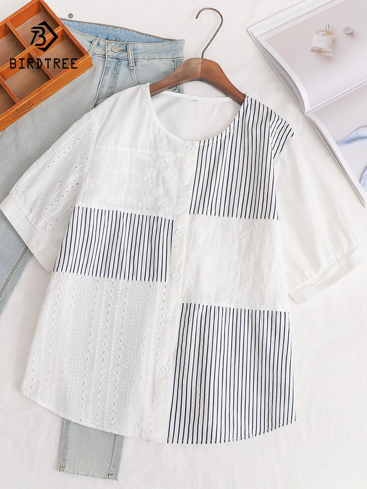 

New Summer Cotton Shote Sleeve Shirt O Neck Stripe Splicing Tops Mori Girl Casual Loose Retro OL Blouse 2024 Autumn T47402QC