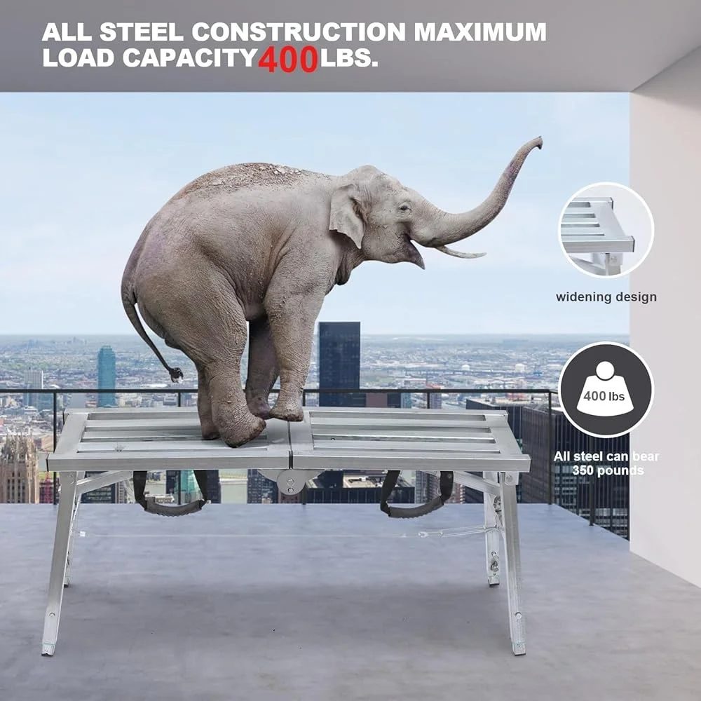 Plataforma de andaime dobrável ajustável, escada de aço portátil, classificação de trabalho de 400lbs, suporte de trabalho de limpeza rv, design antiderrapante