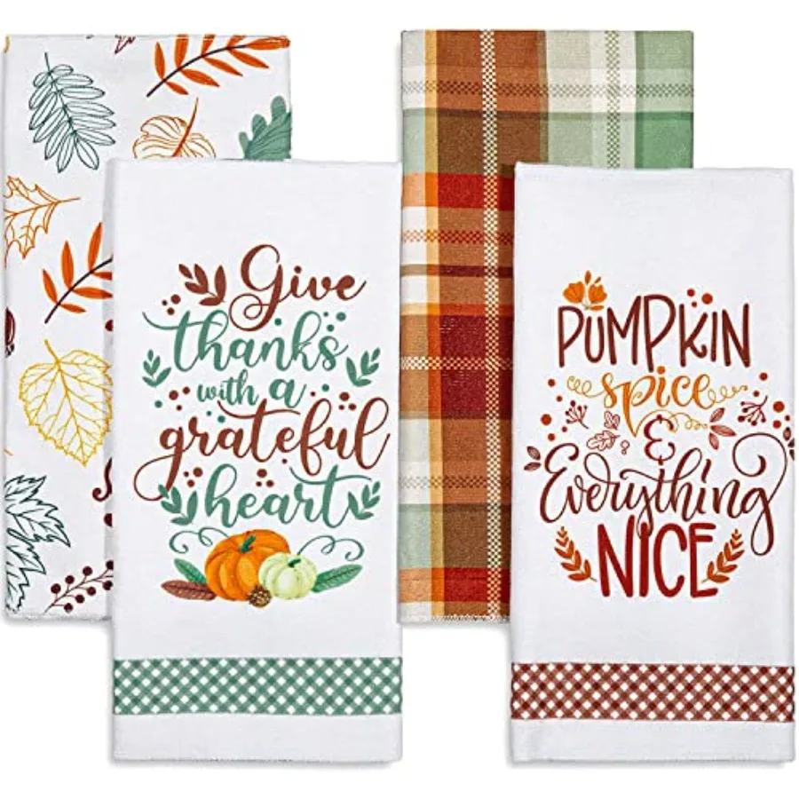 

Осеннее кухонное полотенце Осенние листья Зелено-коричневые пледы Полотенце для сушки рук в стиле ретро на День благодарения для осенних праздников 4 упаковки 2 шт.