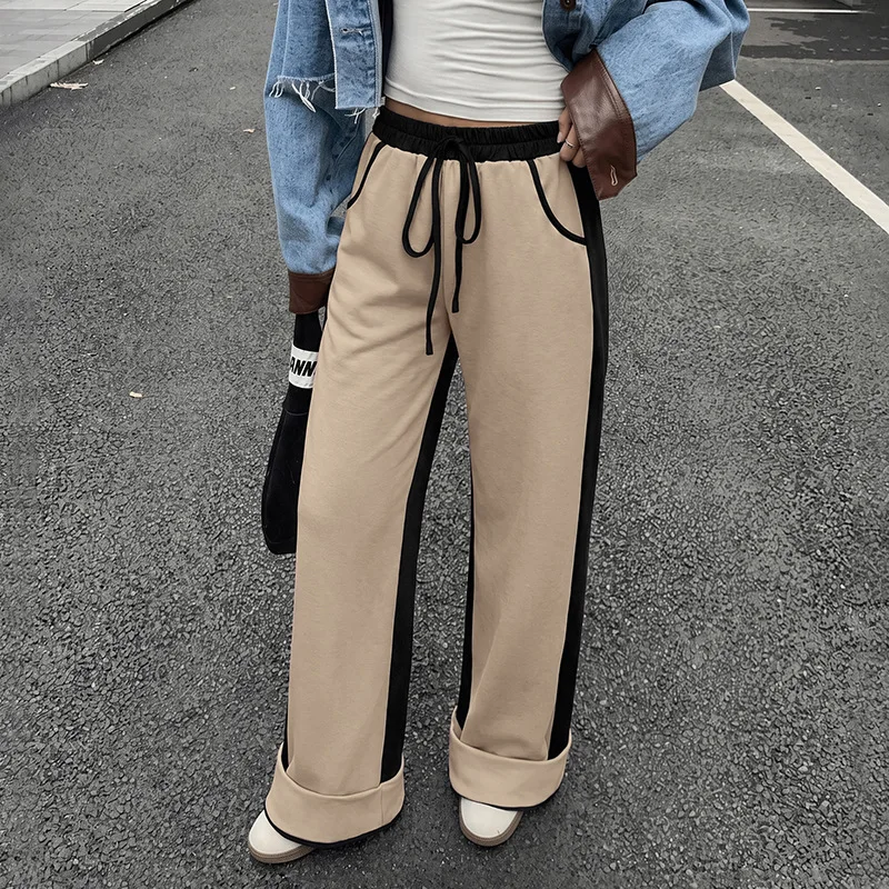 2026 New Hot Selling Street Style Contrasting Color Splicing Drawstring Rolled Edge Wide Leg Sweatpants for Women