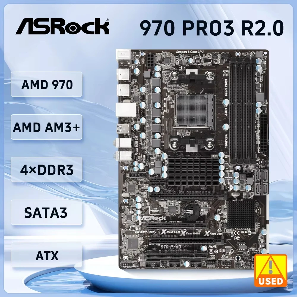 ASRock 970 PRO3 R2.0 Socket AM3/AM3+ DDR3 32GB AMD 970 SATA III PCI-E 2.0 USB2.0 ATX compatible con CPU FX FD4130 ADX255