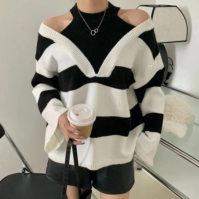 Y2K Stripe Halter Women Sweaters Korean Knitted Loose Patchwork Female Pullovers Autumn Preppy Style All Match Chic Ladies Tops