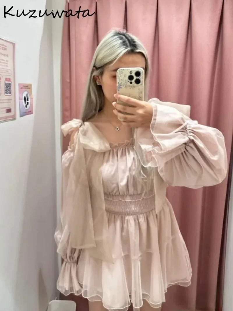 Kuzuwata Sweet Slash Neck Puff Sleeve Mid-length Shirt Off Shoulder Bow Lace Up Casual Blouses Japan Moda Slim Fit Voile Blusas