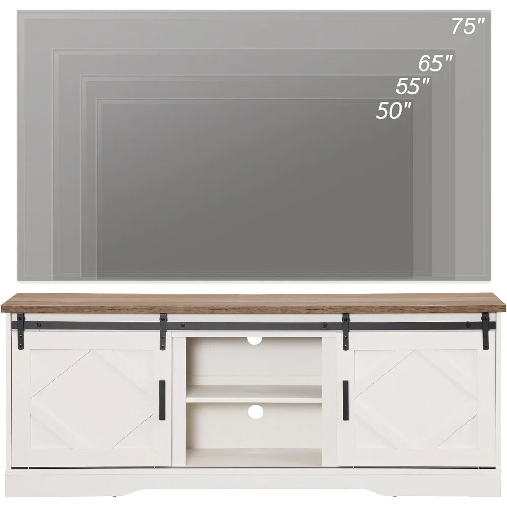 Centro de entretenimento de TV de 75 polegadas com armários de porta de celeiro deslizante e armazenamento