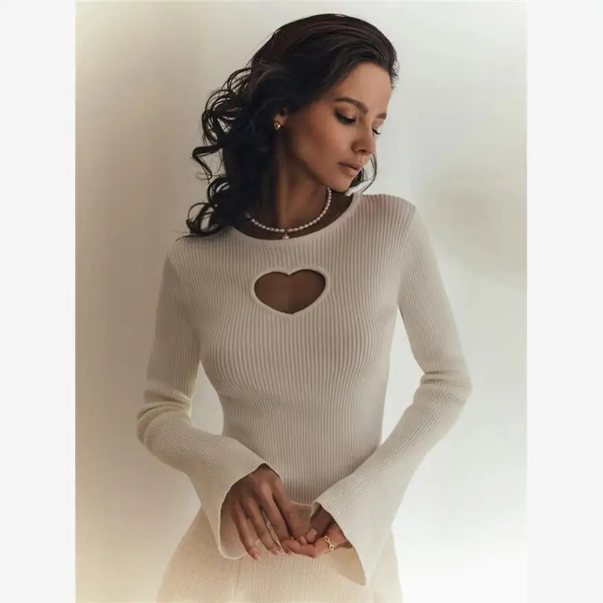 

Женский вязаный длинный свитер Све с полым сердцем, повседневный трикотаж irt, круглый, обычный, тонкий, осенний сезон Faion