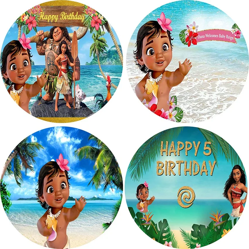 

Disney Moana Party Decor Backdrop Photocall Customizable Name Birthday Baby Family Round Polyester Background Photography