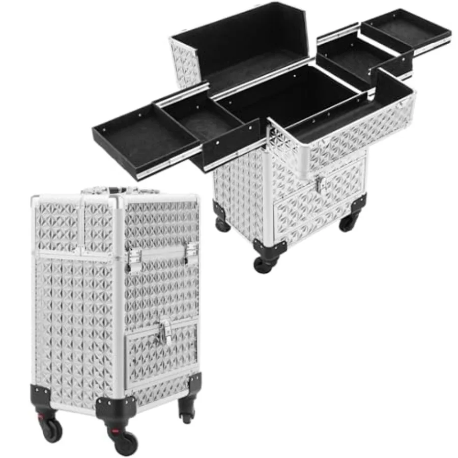 

Профессиональный косметический чемодан на 4 универсальных колесах для салона и путешествий, серебристый, с выдвижным ящиком, 13.4 x 9.8 x 18.5