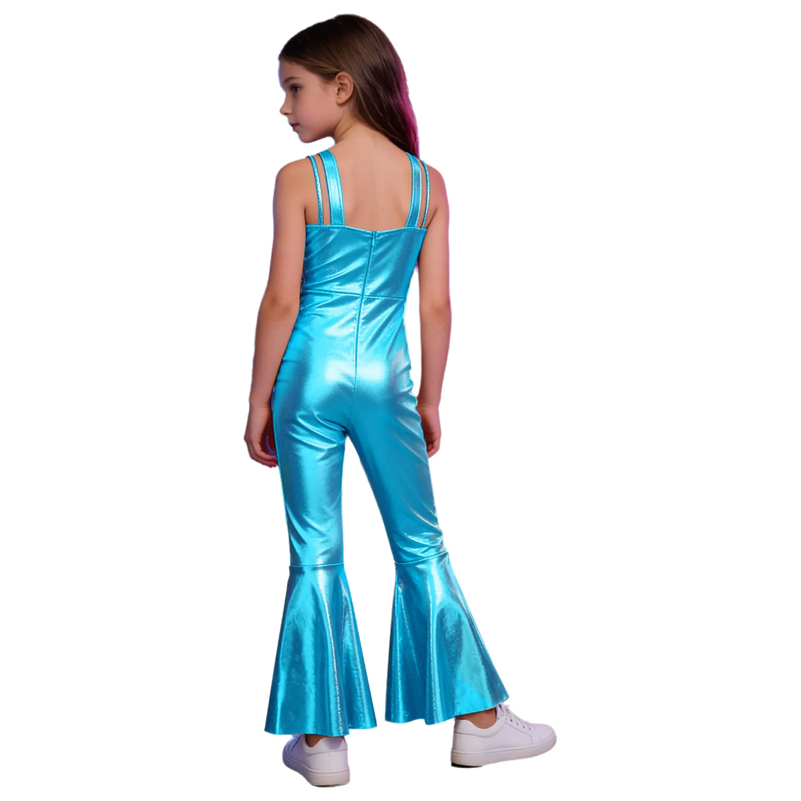 Kids Girls Metallic Disco Jazz Dance Jumpsuit Shiny Sequin Tassel Sleeveless Bell-bottoms Bodysuit for Hip Hop Party Performance